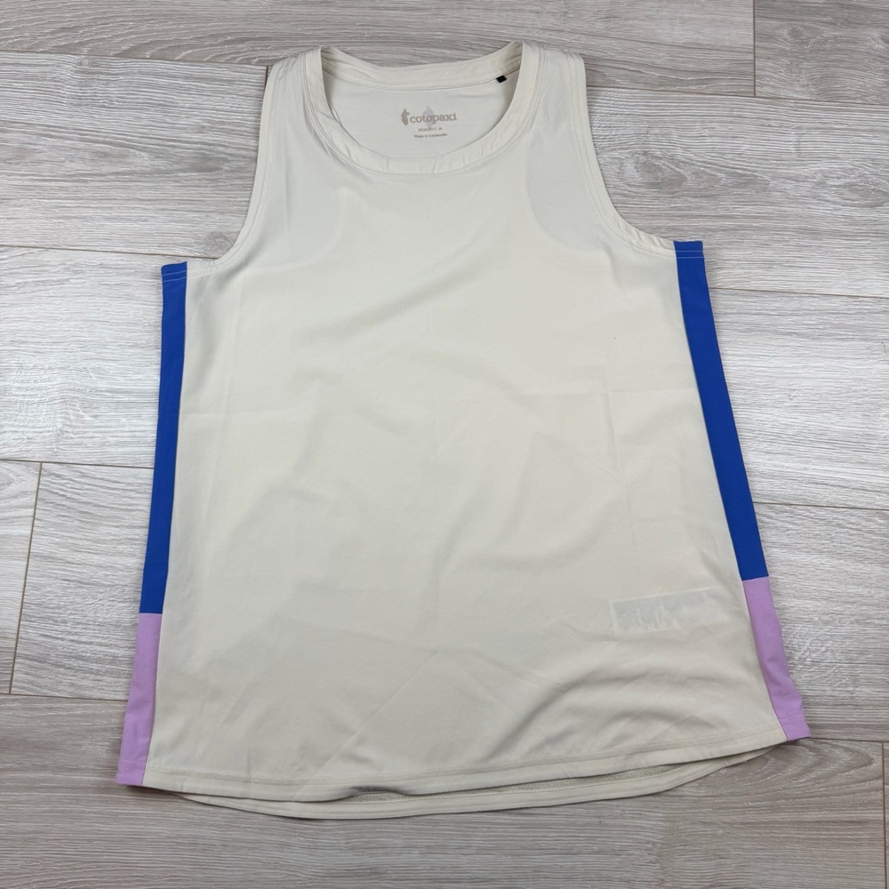 cotopaxi Cream Tank Top with Blue and Lavender Side Panels